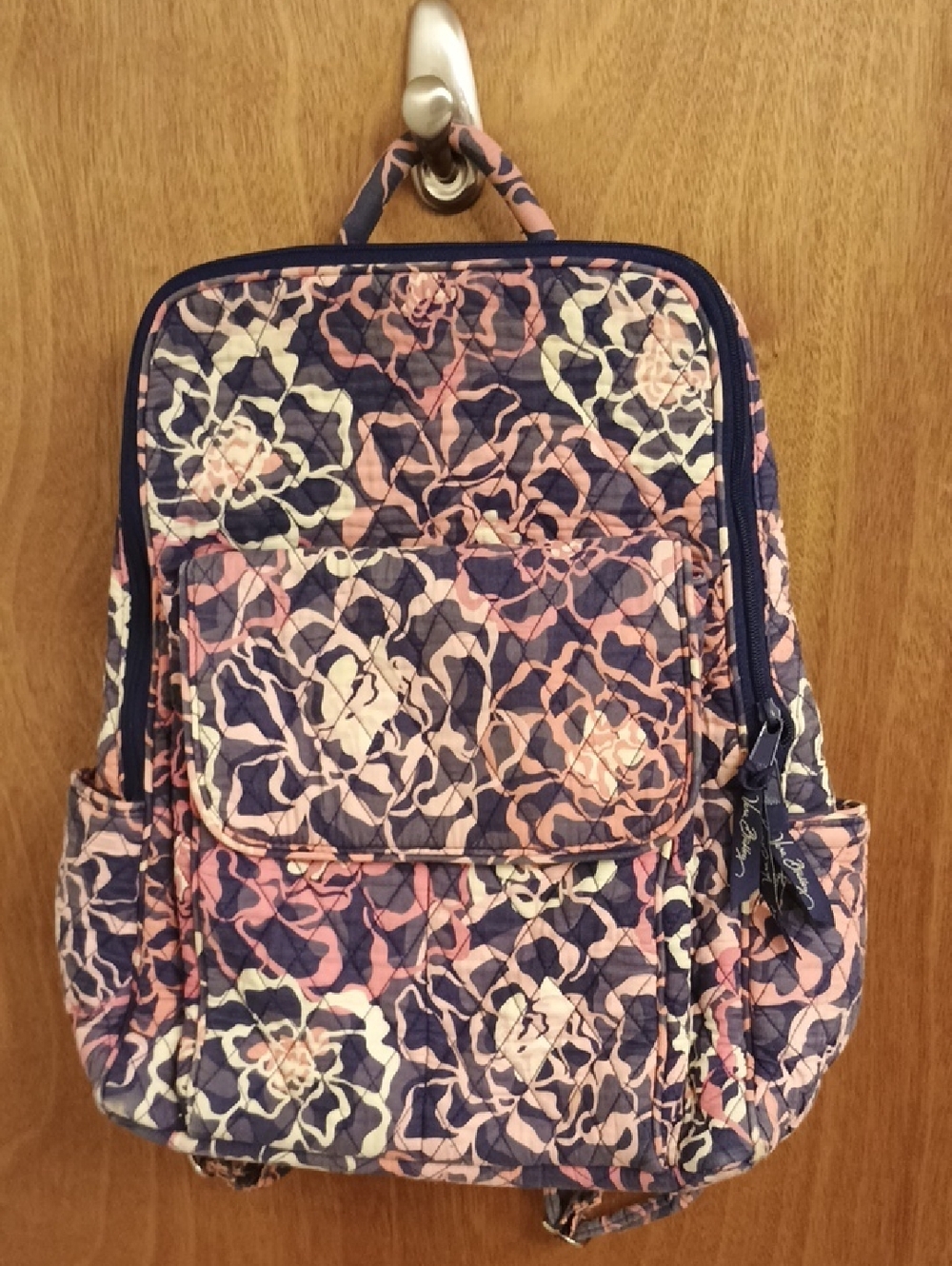 Quilted Floral Backpack - Navy and Pink